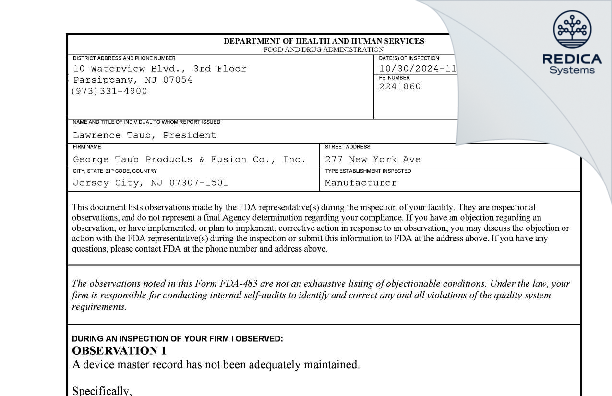 FDA 483 - George Taub Products & Fusion Co., Inc. [Jersey City / United States of America] - Download PDF - Redica Systems