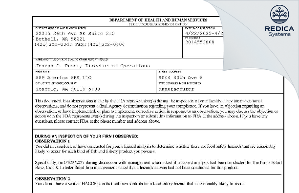 FDA 483 - SSP America SEA LLC [Seattle / United States of America] - Download PDF - Redica Systems