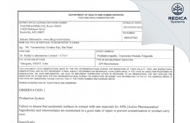 FDA 483 - Dr Reddy's Laboratories Limited [Thripuraram / India] - Download PDF - Redica Systems