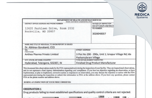FDA 483 - Anthea Pharma Private Limited [Patancheru / India] - Download PDF - Redica Systems