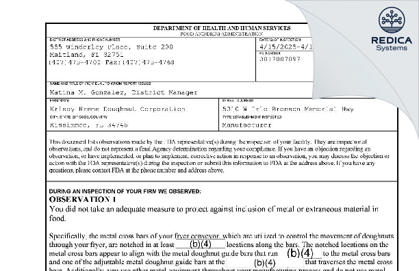 FDA 483 - Krispy Kreme Doughnut Corporation [Kissimmee / United States of America] - Download PDF - Redica Systems