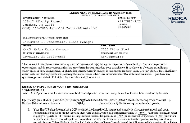 FDA 483 - Kraft Heinz Foods Company [Lowville / United States of America] - Download PDF - Redica Systems