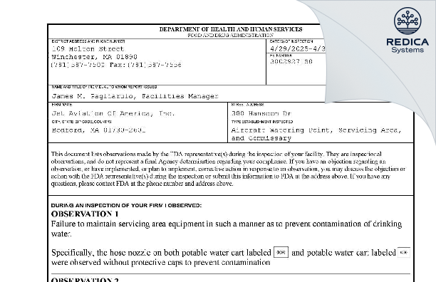 FDA 483 - Jet Aviation Of America Inc. [Concord / United States of America] - Download PDF - Redica Systems