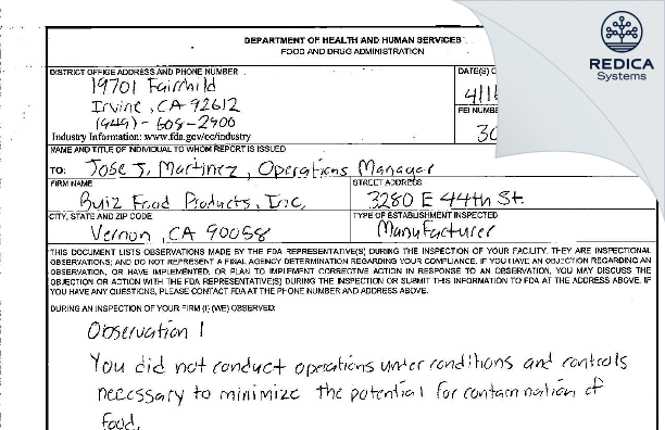 FDA 483 - Culinary International, LLC [Los Angeles / United States of America] - Download PDF - Redica Systems