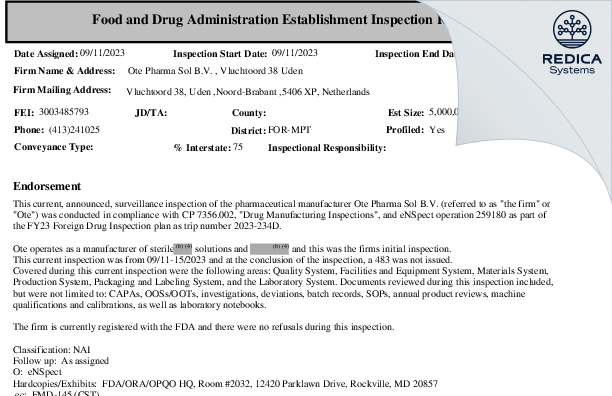 EIR - Ote Pharma Sol B.V. [Uden / Netherlands] - Download PDF - Redica Systems