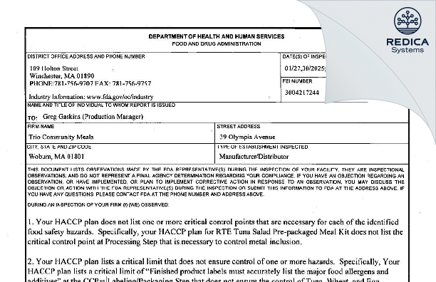 FDA 483 - Trio Community Meals [Woburn / United States of America] - Download PDF - Redica Systems