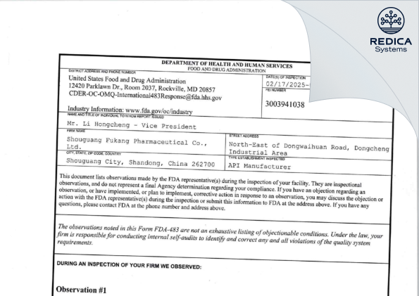 FDA 483 - Shouguang Fukang Pharmaceutical Co., Ltd. [Shouguang / China] - Download PDF - Redica Systems
