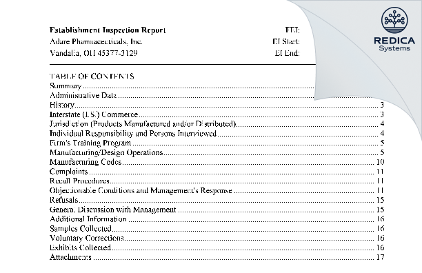 EIR - Adare Pharmaceuticals, Inc. [Vandalia / United States of America] - Download PDF - Redica Systems