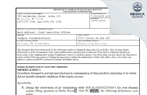 FDA 483 - Olympia Compounding Pharmacy [Orlando / United States of America] - Download PDF - Redica Systems
