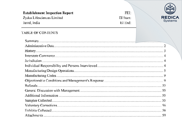 EIR - Zydus Lifesciences Limited [Waghodia / India] - Download PDF - Redica Systems