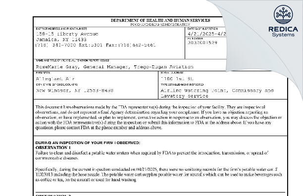 FDA 483 - Allegiant Air [New Windsor / United States of America] - Download PDF - Redica Systems
