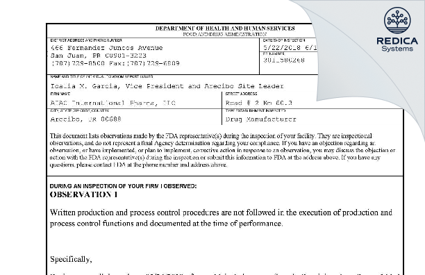 FDA 483 - AIAC International Pharma, LLC. [Sabana Hoyos / Puerto Rico] - Download PDF - Redica Systems
