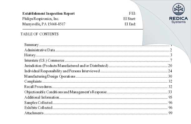 EIR - Philips Respironics, Inc. [Murrysville / United States of America] - Download PDF - Redica Systems
