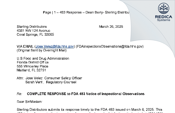 FDA 483 Response - Sterling Distributors [Coral Springs / United States of America] - Download PDF - Redica Systems