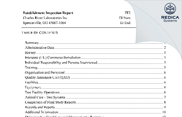 EIR - Charles River Laboratories Inc [Spencerville / United States of America] - Download PDF - Redica Systems