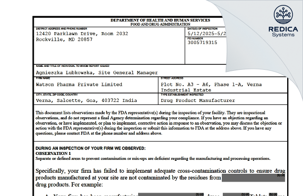 FDA 483 - Watson Pharma Private Limited [Salcete / India] - Download PDF - Redica Systems