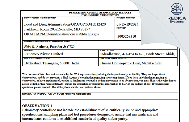 FDA 483 - Rxhomeo Private Limited d.b.a. Rxhomeo, Inc [Hyderabad / India] - Download PDF - Redica Systems