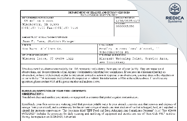 FDA 483 - Southwest Airlines Co. [Windsor Locks / United States of America] - Download PDF - Redica Systems