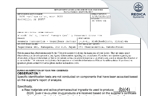 FDA 483 - ASANUMA CORPORATION [Midori-Ku / Japan] - Download PDF - Redica Systems
