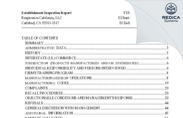 EIR - Respironics California, LLC [Carlsbad / United States of America] - Download PDF - Redica Systems