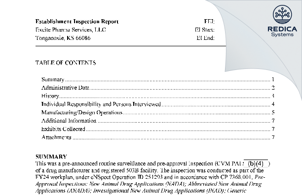 EIR - Excite Pharma Services, LLC [Tonganoxie / United States of America] - Download PDF - Redica Systems