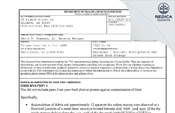 FDA 483 - McLane Mid-Atlantic [Battleboro / United States of America] - Download PDF - Redica Systems