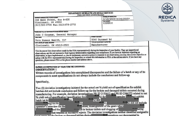 FDA 483 - Teva Women's Health LLC [Cincinnati / United States of America] - Download PDF - Redica Systems