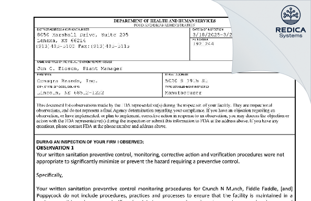 FDA 483 - Conagra Brands, Inc. [Lincoln / United States of America] - Download PDF - Redica Systems
