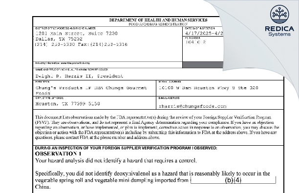 FDA 483 - Chungs Products, LP [Houston / United States of America] - Download PDF - Redica Systems