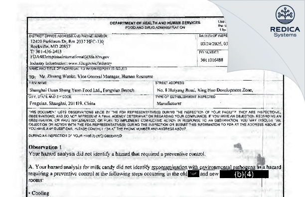 FDA 483 - SHANGHAI GUAN SHENG YUAN FOOD LTD. FENGXIAN BRANCH [Fengxian / China] - Download PDF - Redica Systems