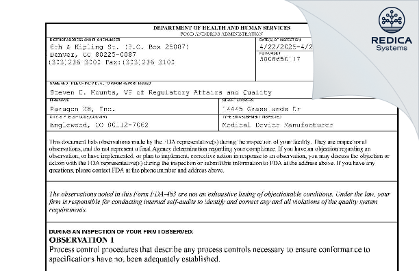 FDA 483 - Paragon 28, Inc. [Englewood / United States of America] - Download PDF - Redica Systems