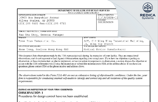 FDA 483 - Tens Plus Industrial Co. [Kwun Tong / Hong Kong] - Download PDF - Redica Systems