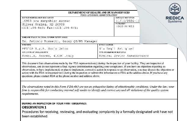 FDA 483 - Medica S.p.A. [Medolla / Italy] - Download PDF - Redica Systems
