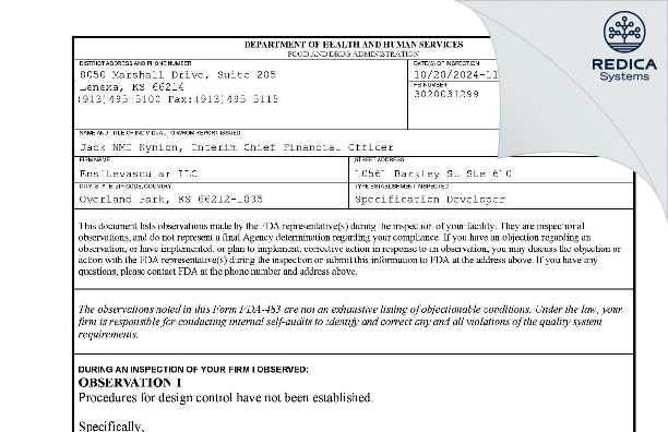 FDA 483 - ENSITEVASCULAR, LLC [Olathe / United States of America] - Download PDF - Redica Systems