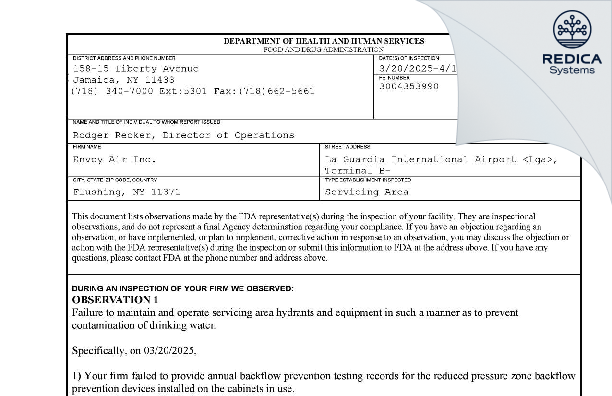 FDA 483 - Envoy Air [Flushing / United States of America] - Download PDF - Redica Systems