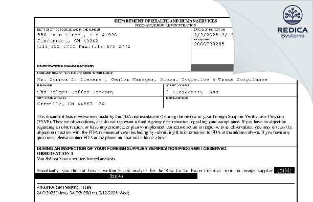 FDA 483 - The Folger Coffee Company [Orrville / United States of America] - Download PDF - Redica Systems
