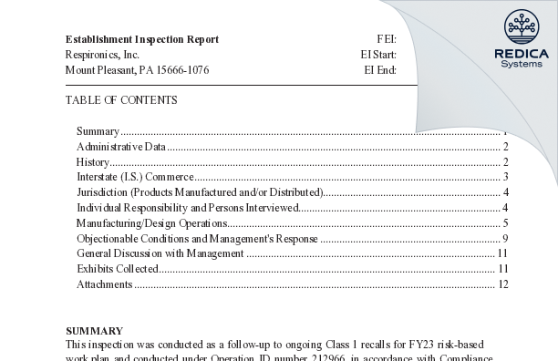 EIR - Respironics, Inc. [Mount Pleasant / United States of America] - Download PDF - Redica Systems