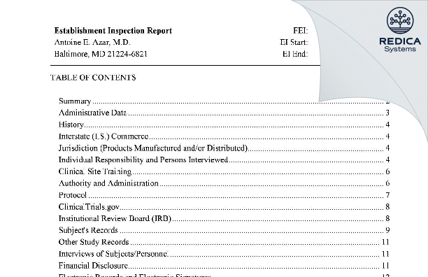 EIR - Antoine E. Azar, M.D. [Baltimore / United States of America] - Download PDF - Redica Systems