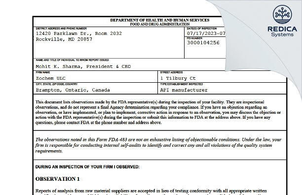 FDA 483 - Zochem ULC [Brampton / Canada] - Download PDF - Redica Systems