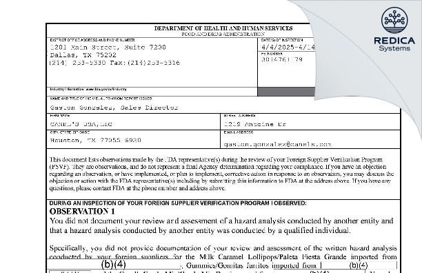 FDA 483 - CANELS USA LLC 12 [Houston / United States of America] - Download PDF - Redica Systems