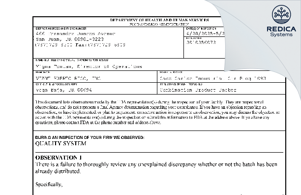 FDA 483 - VIANT PUERTO RICO, INC. [Mayagüez / Puerto Rico] - Download PDF - Redica Systems