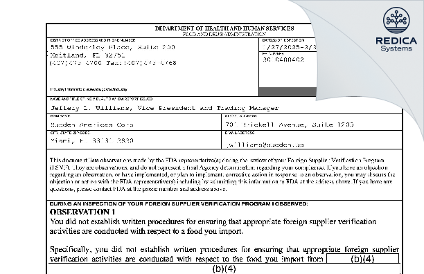 FDA 483 - Sucden Americas Corp [Miami / United States of America] - Download PDF - Redica Systems