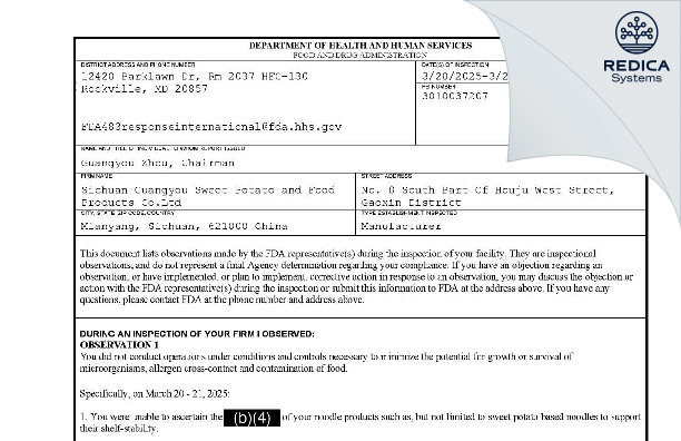 FDA 483 - Sichuan Guangyou Sweet Potato and Food Products Co.Ltd [Mianyang / China] - Download PDF - Redica Systems