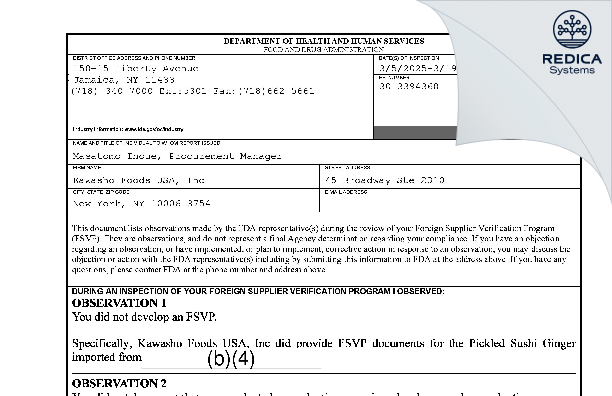 FDA 483 - Kawasho Foods USA, Inc [New York / United States of America] - Download PDF - Redica Systems