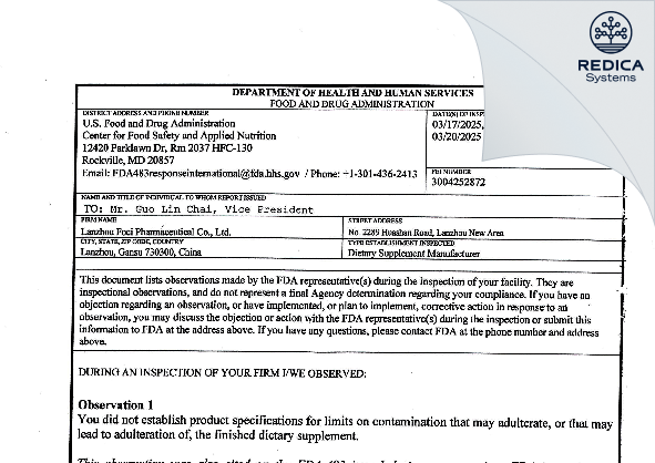 FDA 483 - Lanzhou Foci Pharmaceutical Co., Ltd. [Lanzhou / China] - Download PDF - Redica Systems