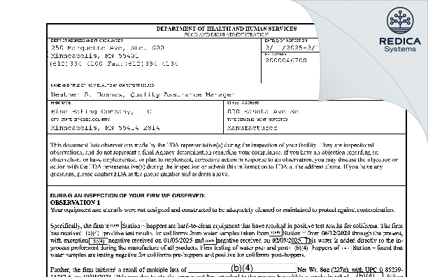 FDA 483 - Rise Baking Company, LLC dba The New French Bakery Inc. [Minneapolis / United States of America] - Download PDF - Redica Systems