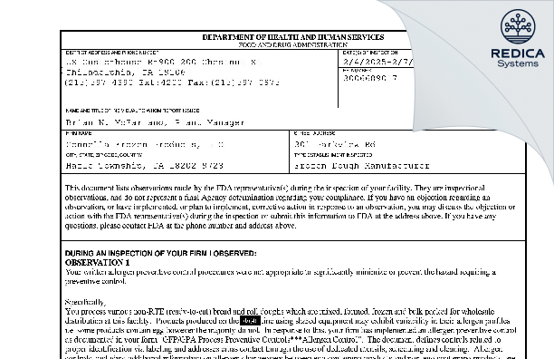 FDA 483 - Gonnella Frozen Products, LLC [Hazleton / United States of America] - Download PDF - Redica Systems