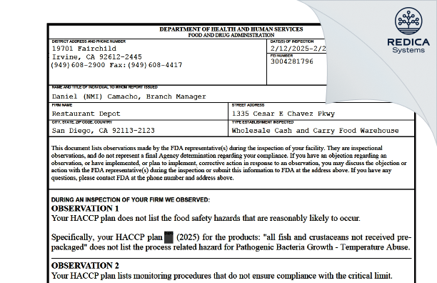 FDA 483 - Restaurant Depot [San Diego / United States of America] - Download PDF - Redica Systems
