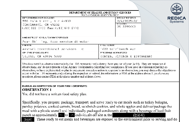 FDA 483 - Aramark Correctional Services LLC [Toledo / United States of America] - Download PDF - Redica Systems