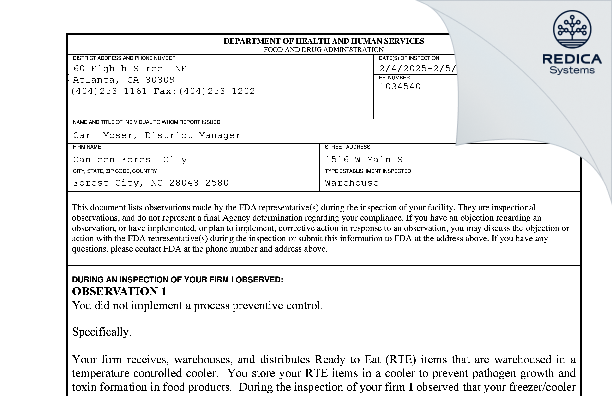 FDA 483 - Canteen Vending [Forest City / United States of America] - Download PDF - Redica Systems